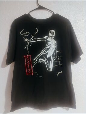 Marvel Men’s Black Spider-Man Graphic Tee Miles Morales Japanese Sign Cotton XL